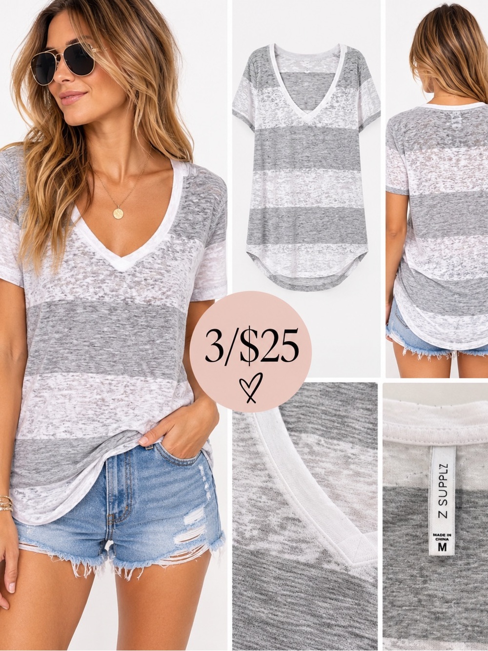 3/$25 Z Supply Gray White Striped Burnout Tissue V Neck Tee M
